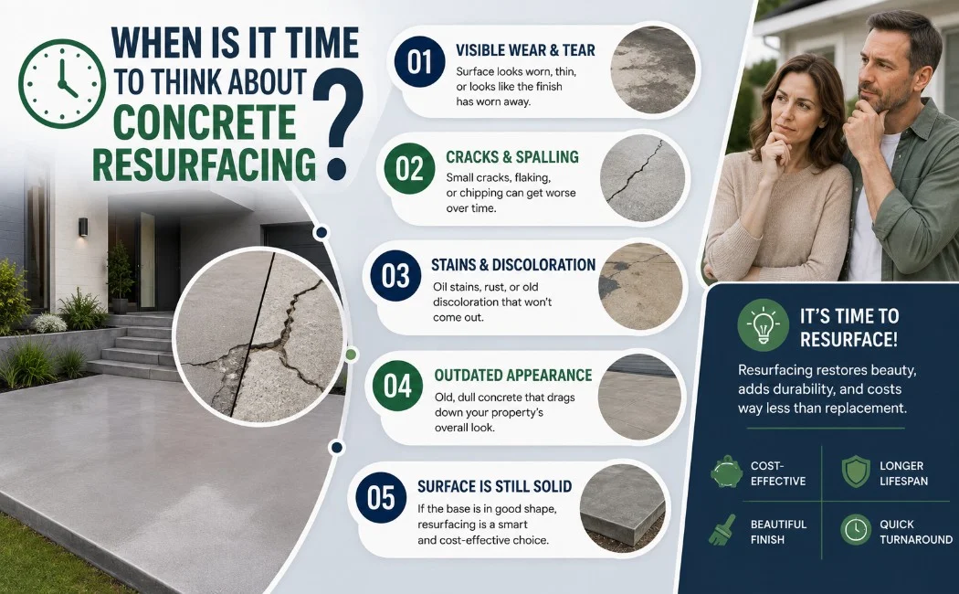 Homeowners reviewing a guide to concrete driveways, patios, and slabs